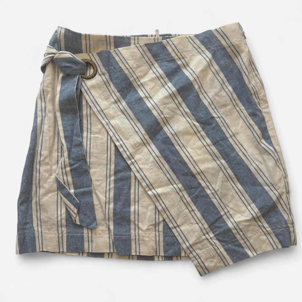 Free People Tuscan Sunrise Striped Wrap Mini Skirt Blue Cream Linen Size 10 NEW